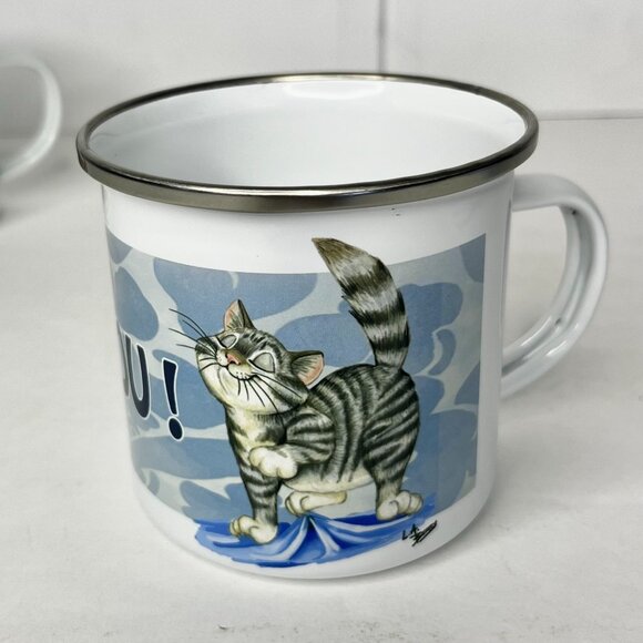 Set of 4 Cute Kittens Enamel Coffee Tea 12oz Mugs Cat Design Camping - Picture 7 of 15